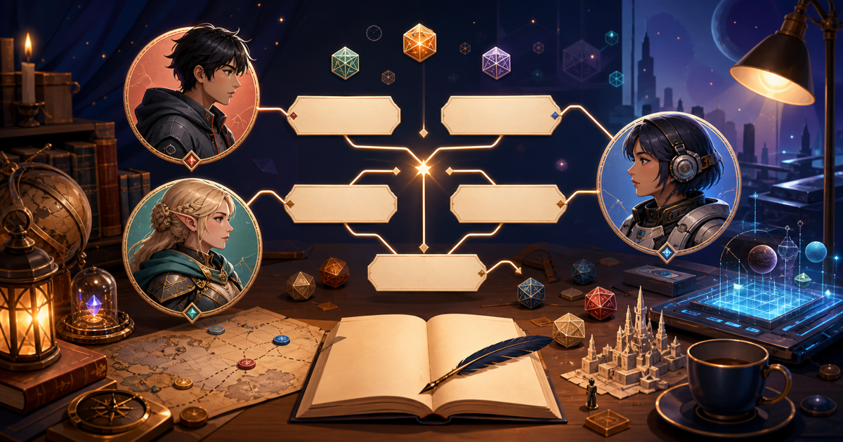 現代、ファンタジー、SFの登場人物と名前カードを並べた創作のイメージ